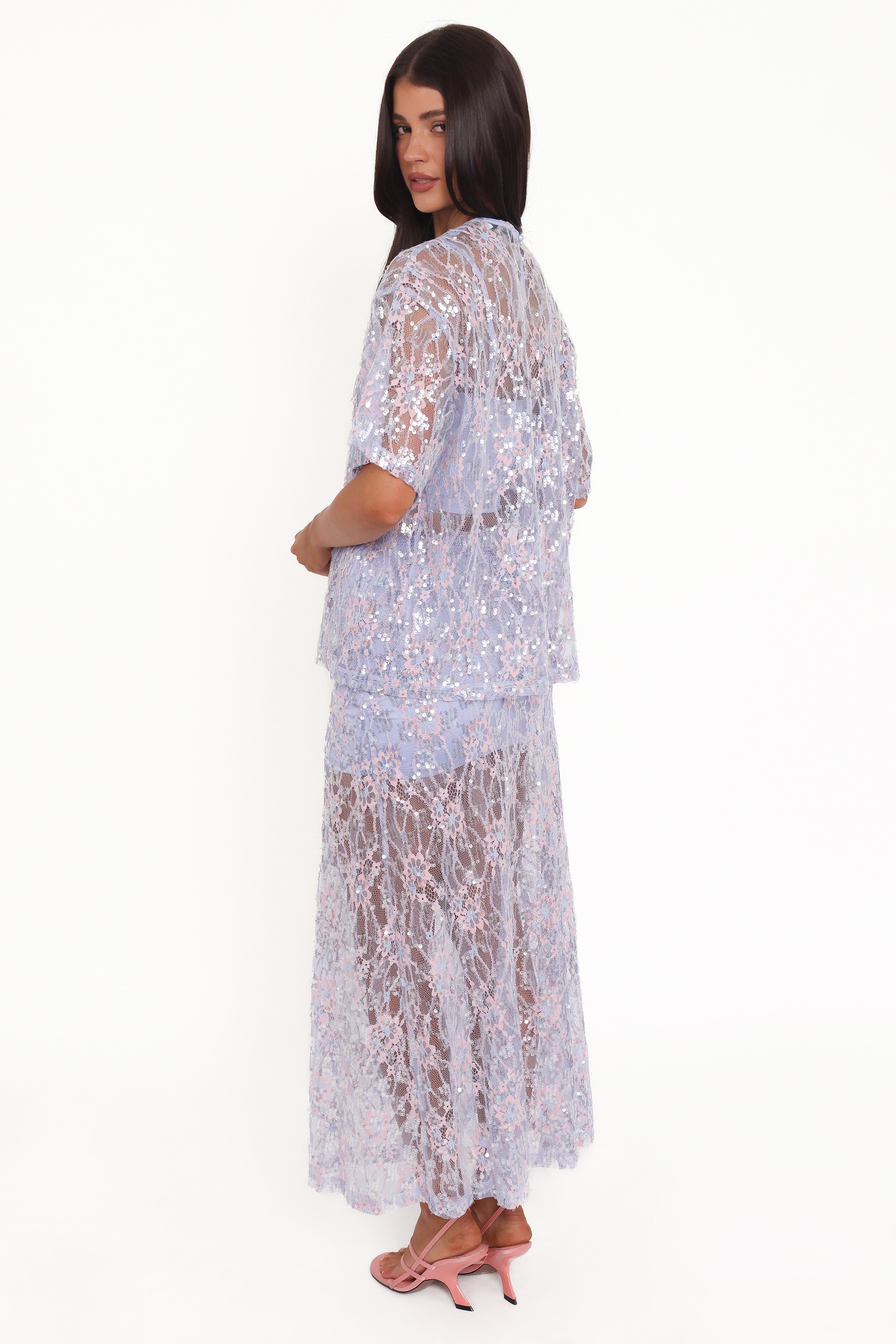 Yonder Sheer Panel Lace Maxi Skirt - Purple