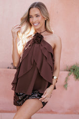 Zorina Halter Neck Chiffon Top - Brown
